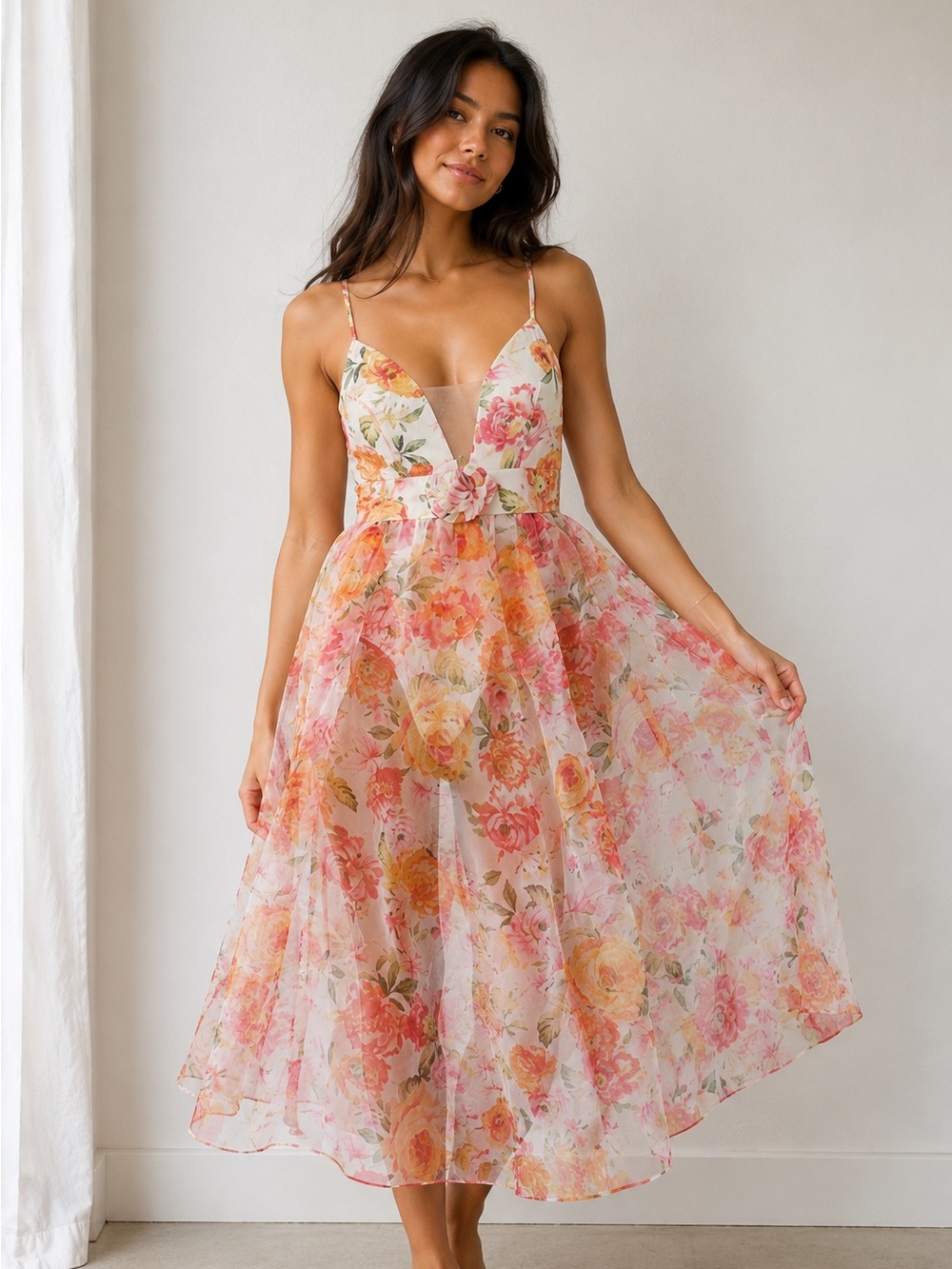 For Love & Lemons Floral Pink and Peach Spaghetti Strap Midi Dress